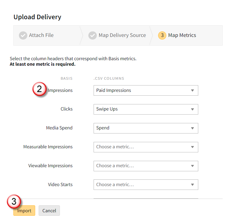 Map Metrics tab on the Upload Delivery modal with the Import button highlighted.